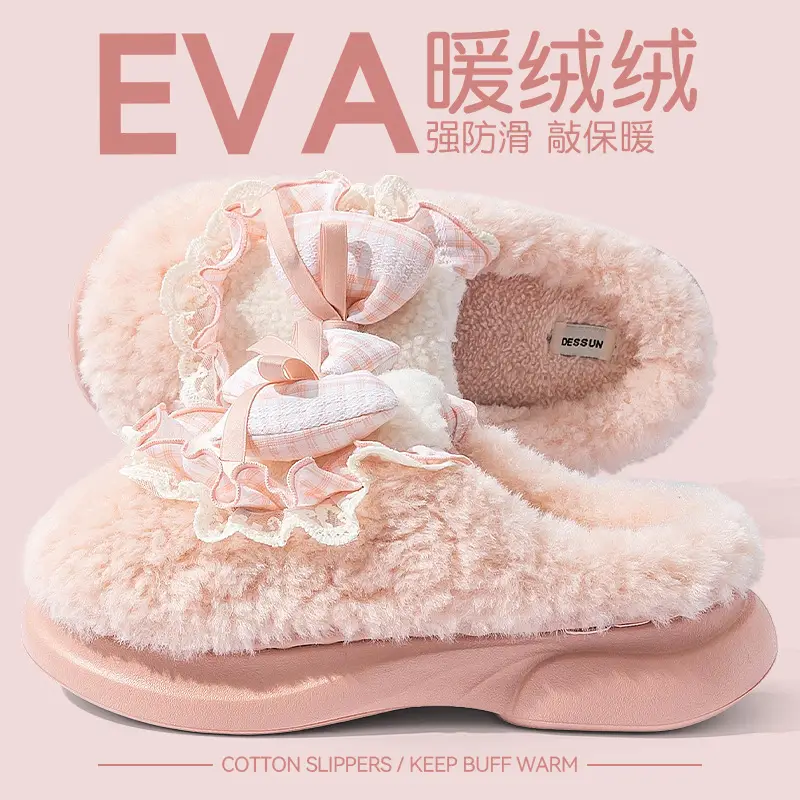 Bow Cotton Slippers for Women Warm Indoor Winter