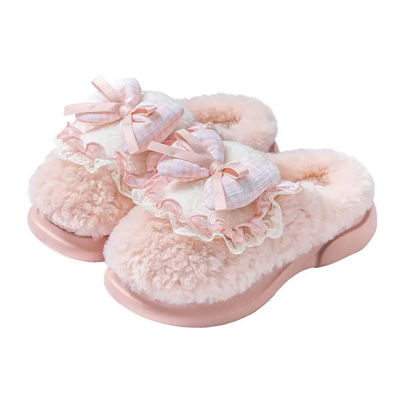 Bow Cotton Slippers for Women Warm Indoor Winter