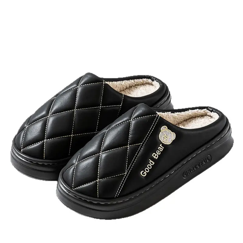 New Pu Leather Waterproof Elderly Warm Anti-Slip Cotton Slippers Thick-Soled Anti-Slip Eva Cartoon Bear Couple Cotton Shoes - Image 9