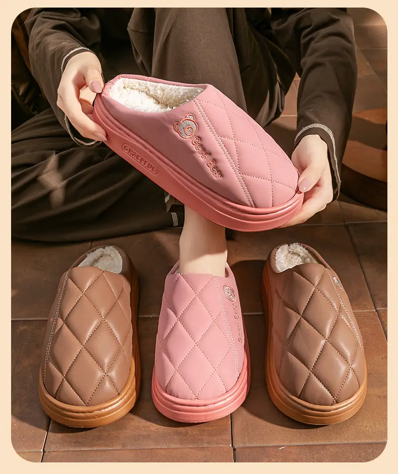 New Pu Leather Waterproof Elderly Warm Anti-Slip Cotton Slippers Thick-Soled Anti-Slip Eva Cartoon Bear Couple Cotton Shoes — feature 16