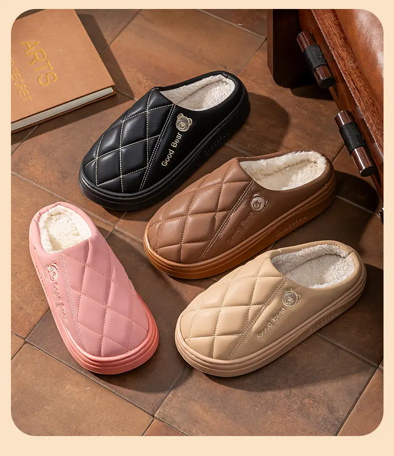 New Pu Leather Waterproof Elderly Warm Anti-Slip Cotton Slippers Thick-Soled Anti-Slip Eva Cartoon Bear Couple Cotton Shoes — feature 17