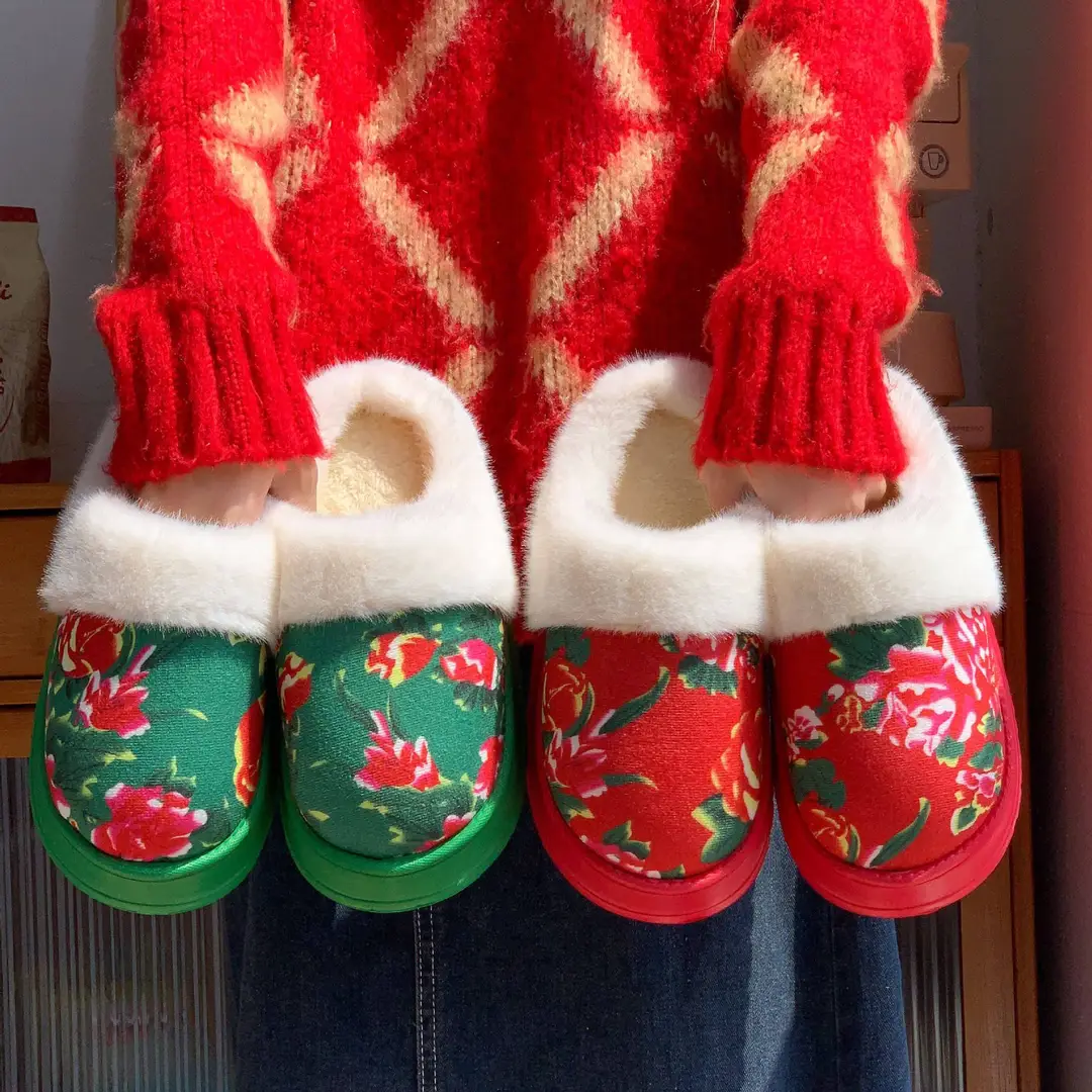 Northeastern Large Flower Cotton-Padded Jacket Style Warm Cotton Slippers for Women Winter Fleece-Lined Warm Non-Slip Thick-Soled Home Indoor Plush Cotton Shoes - Image 4