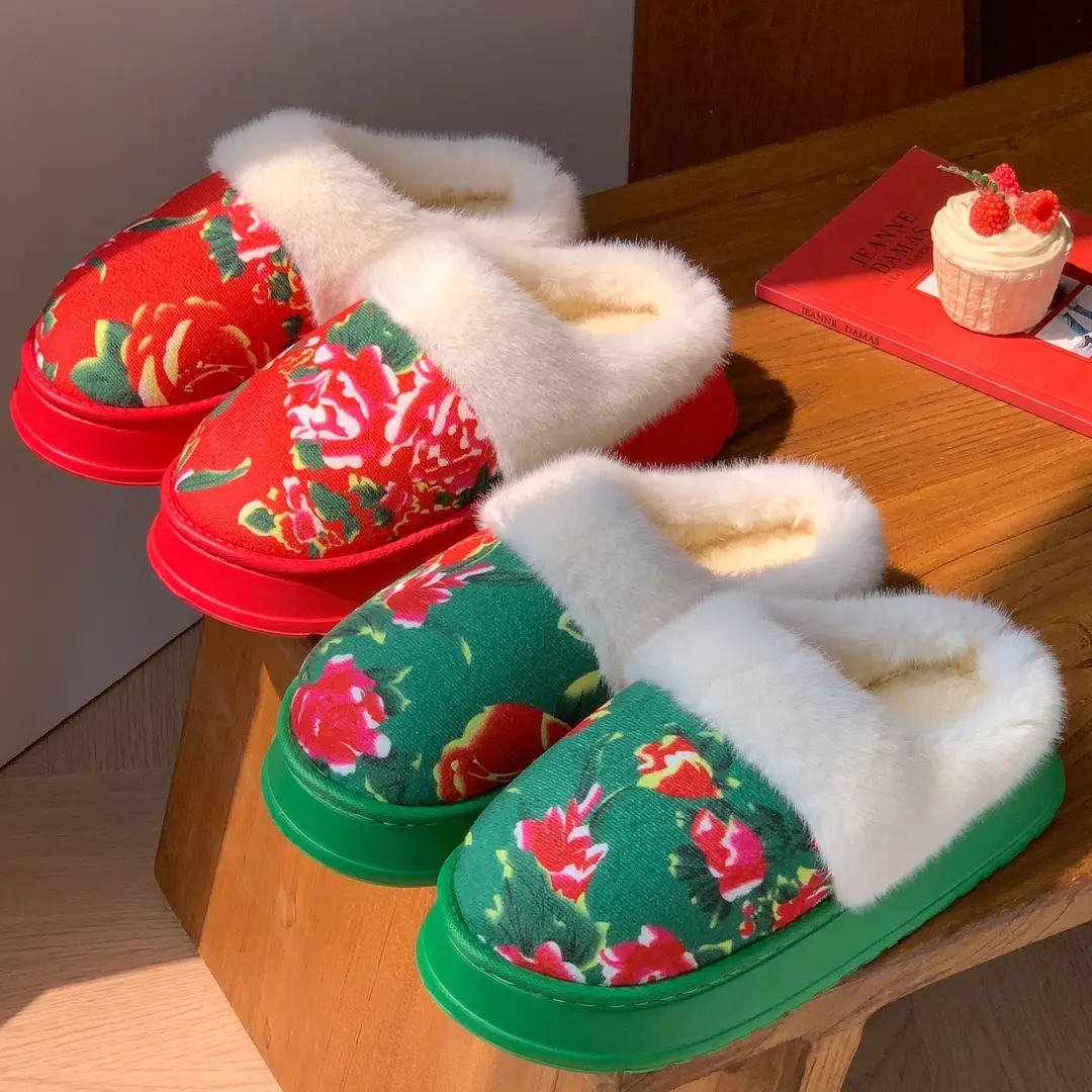 Northeastern Large Flower Cotton-Padded Jacket Style Warm Cotton Slippers for Women Winter Fleece-Lined Warm Non-Slip Thick-Soled Home Indoor Plush Cotton Shoes - Image 5