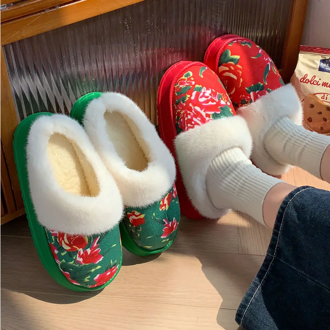 Northeastern Large Flower Cotton-Padded Jacket Style Warm Cotton Slippers for Women Winter Fleece-Lined Warm Non-Slip Thick-Soled Home Indoor Plush Cotton Shoes - Image 6