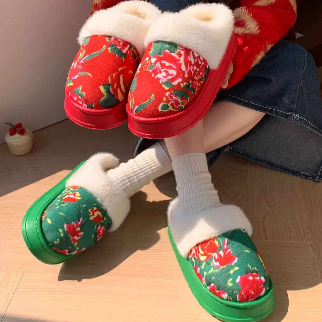 Northeastern Large Flower Cotton-Padded Jacket Style Warm Cotton Slippers for Women Winter Fleece-Lined Warm Non-Slip Thick-Soled Home Indoor Plush Cotton Shoes - Image 7