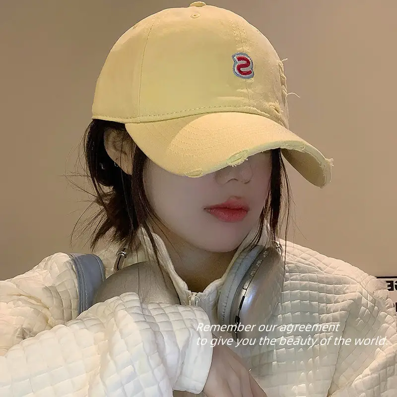 Women Distressed Baseball Cap Tan with Letter Embroidery - Image 7
