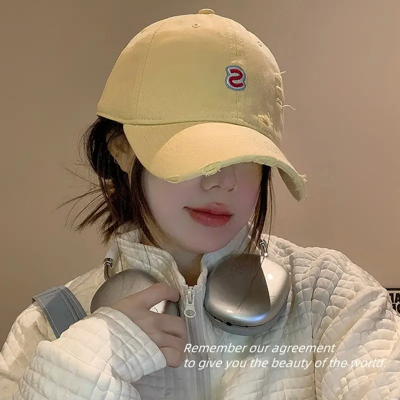 Women Distressed Baseball Cap Tan with Letter Embroidery - Image 8