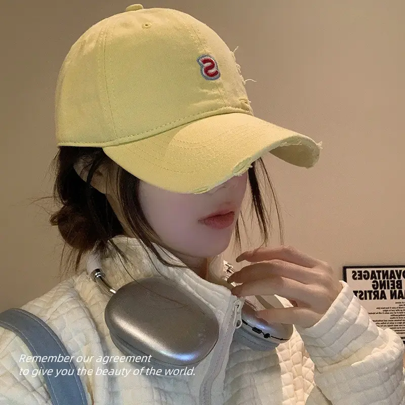 Women Distressed Baseball Cap Tan with Letter Embroidery - Image 9