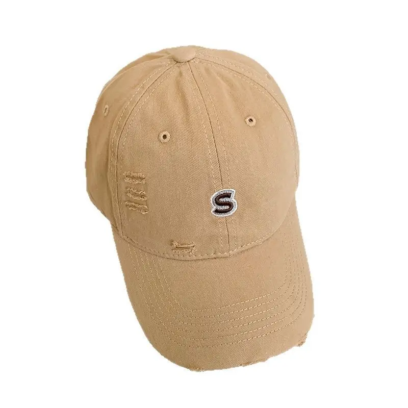 Women Distressed Baseball Cap Tan with Letter Embroidery - Image 11