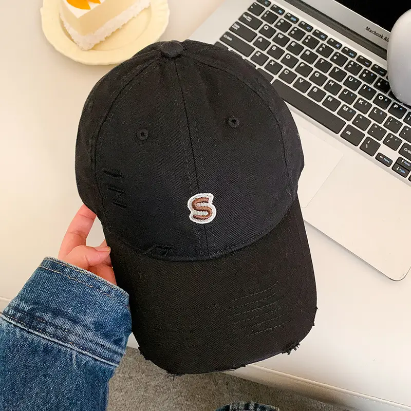 Women Distressed Baseball Cap Tan with Letter Embroidery — feature 6