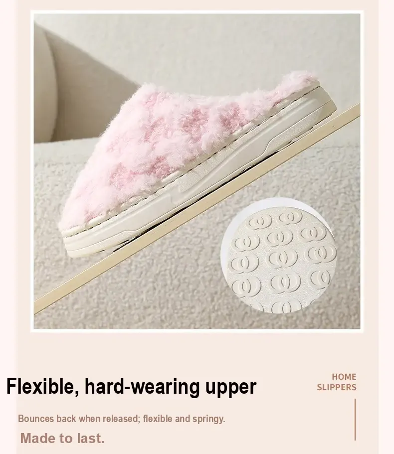Side view of pink slipper and close-up of raised sole tread.