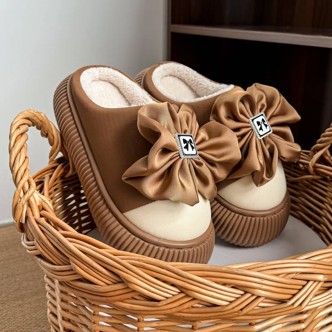 Bow Cotton Slippers for Women, Autumn and Winter Confinement Shoes, Indoor Home Furry Shoes, Fleece-Lined Warm Outer Cotton Shoes