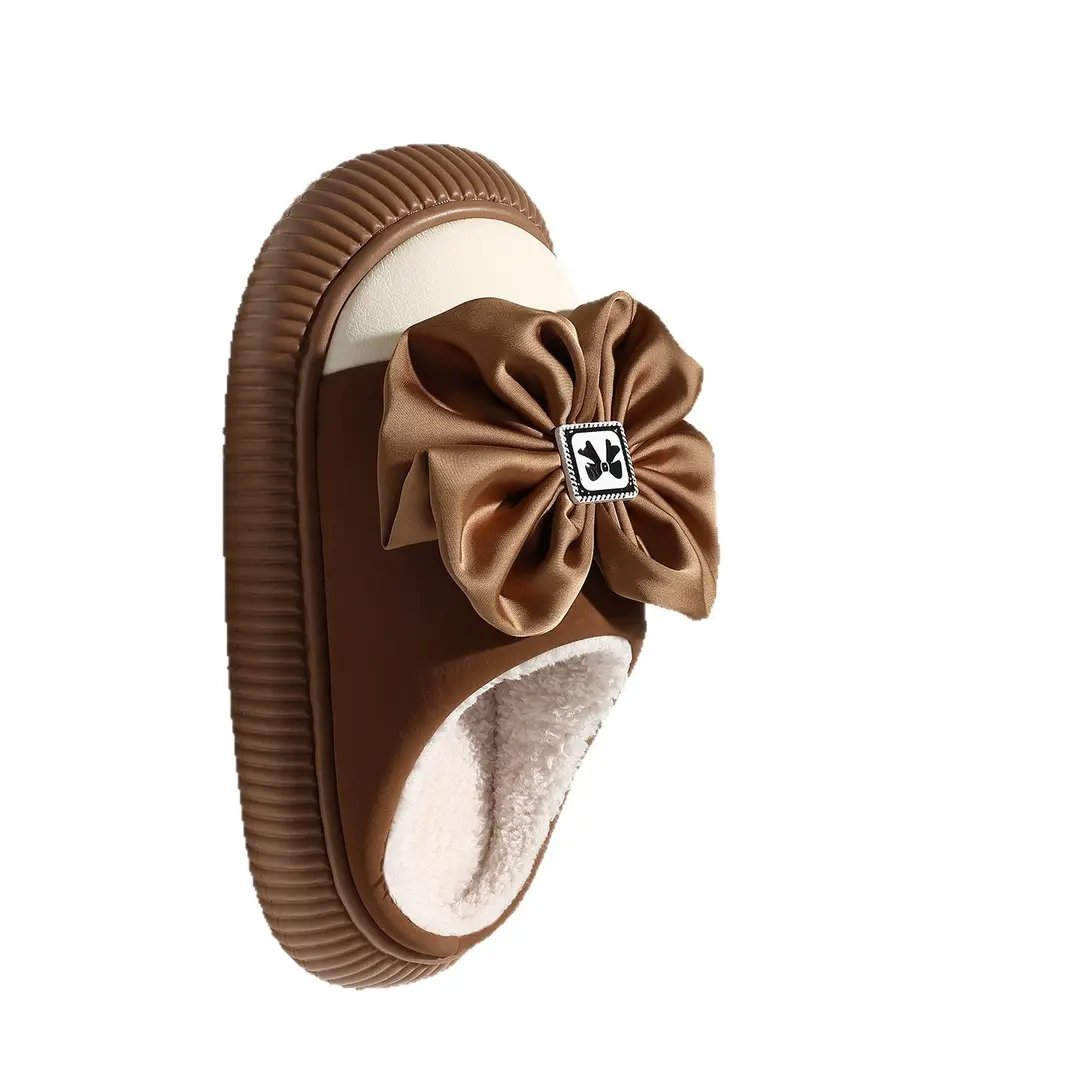 Bow Cotton Slippers for Women, Autumn and Winter Confinement Shoes, Indoor Home Furry Shoes, Fleece-Lined Warm Outer Cotton Shoes