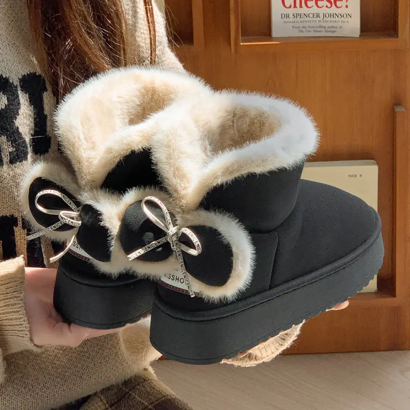 New Thick-Soled Heightening Fur-Knot Bow Cotton Boots for Women in Winter New Velvet Warm Anti-Slip Couple Snow Boots for Men - Image 8