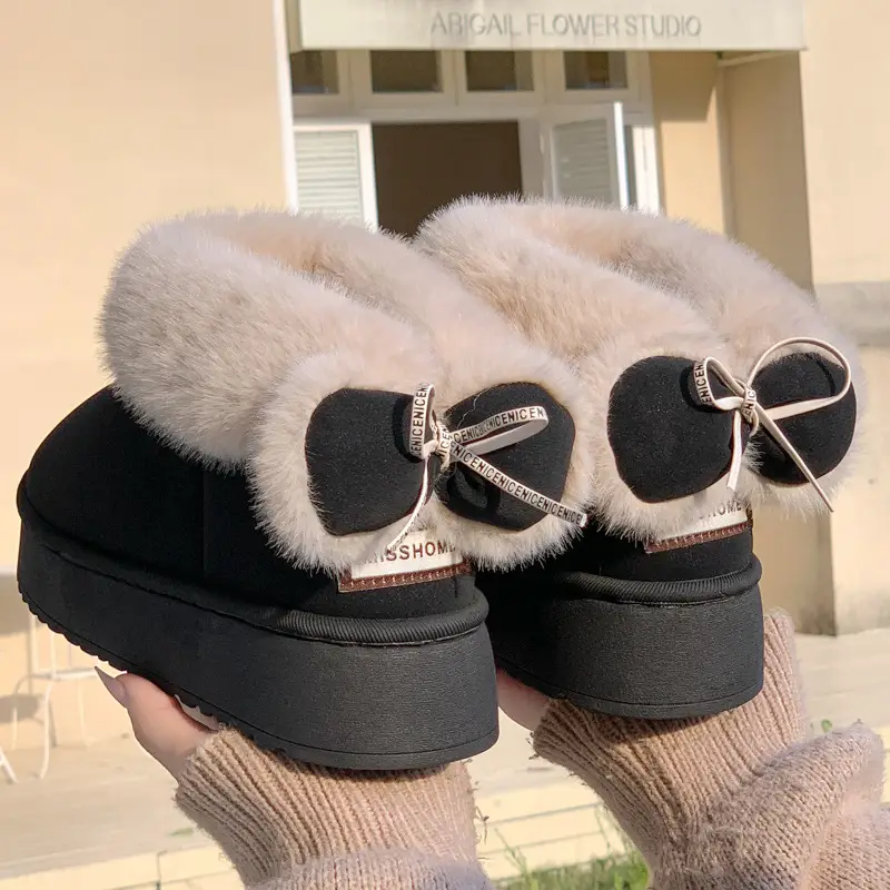 New Thick-Soled Heightening Fur-Knot Bow Cotton Boots for Women in Winter New Velvet Warm Anti-Slip Couple Snow Boots for Men - Image 3