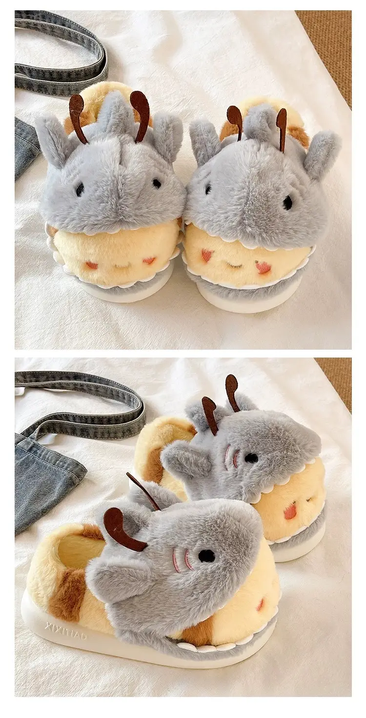 Zoo-Themed Large-Size Cotton Shoes, Shark Hat, Bee Cotton Slippers for Women, Winter Indoor Plush Warm Non-Slip Student Slippers with Heel — feature 3