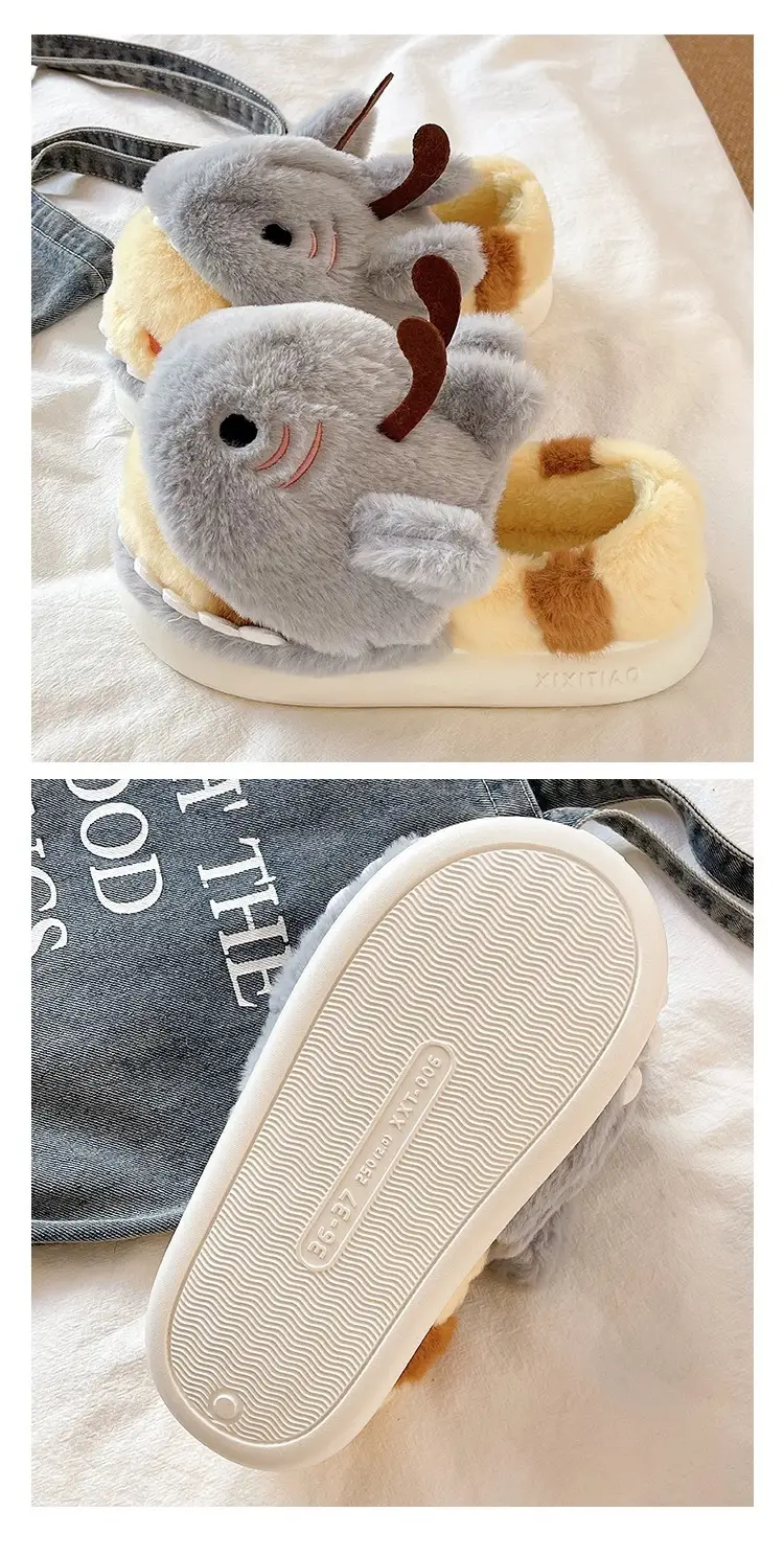 Zoo-Themed Large-Size Cotton Shoes, Shark Hat, Bee Cotton Slippers for Women, Winter Indoor Plush Warm Non-Slip Student Slippers with Heel — feature 4
