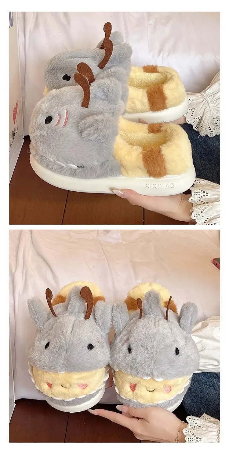 Zoo-Themed Large-Size Cotton Shoes, Shark Hat, Bee Cotton Slippers for Women, Winter Indoor Plush Warm Non-Slip Student Slippers with Heel — feature 5