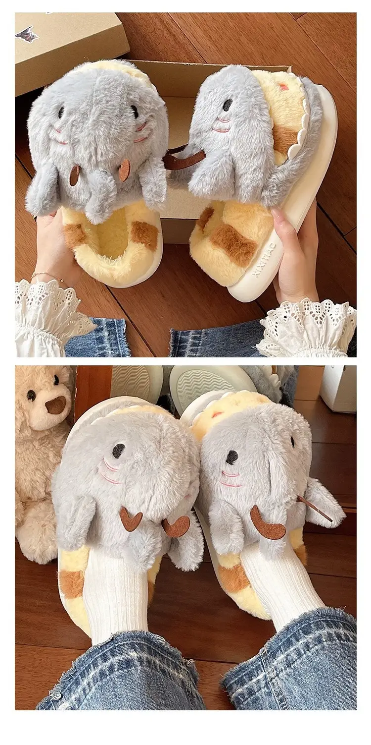 Zoo-Themed Large-Size Cotton Shoes, Shark Hat, Bee Cotton Slippers for Women, Winter Indoor Plush Warm Non-Slip Student Slippers with Heel — feature 6