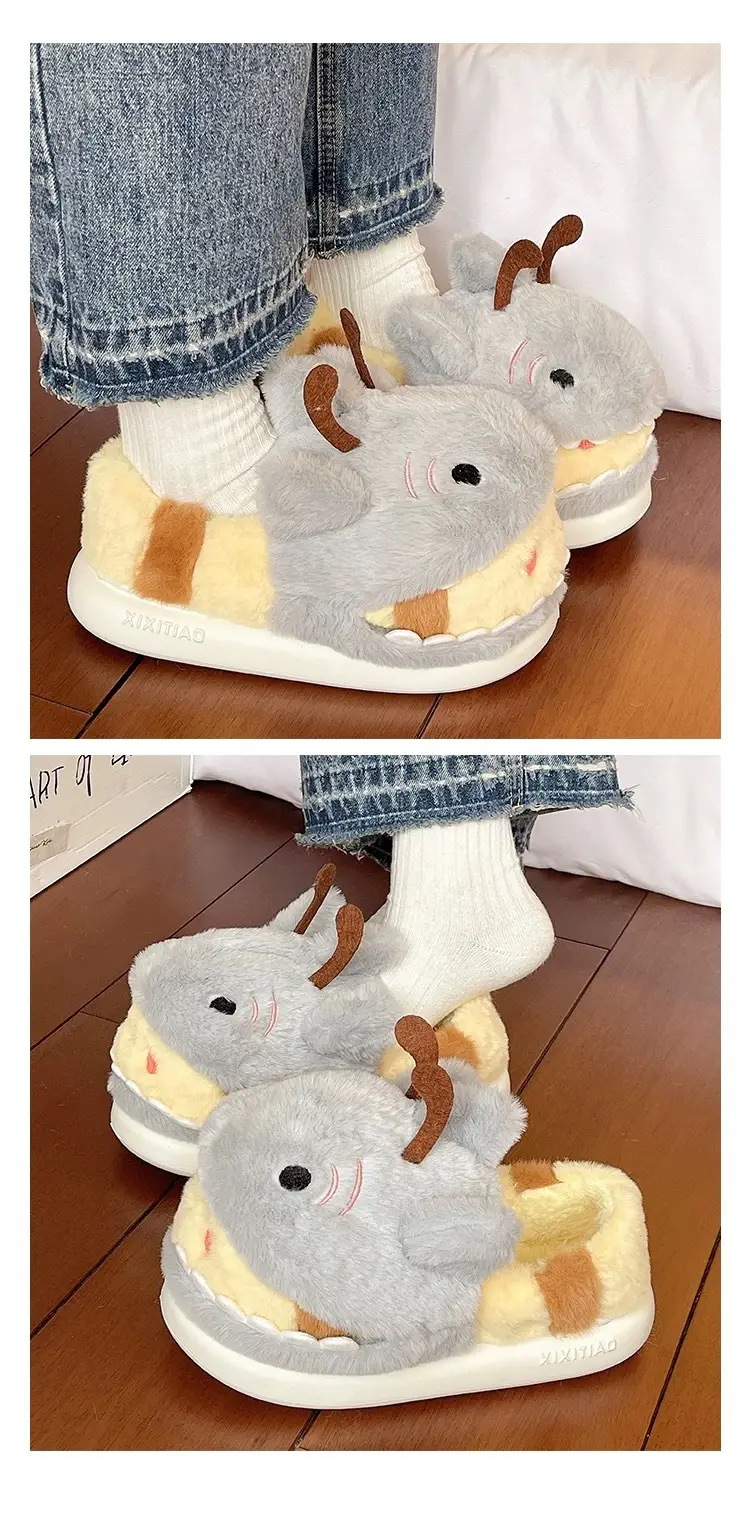 Zoo-Themed Large-Size Cotton Shoes, Shark Hat, Bee Cotton Slippers for Women, Winter Indoor Plush Warm Non-Slip Student Slippers with Heel — feature 7