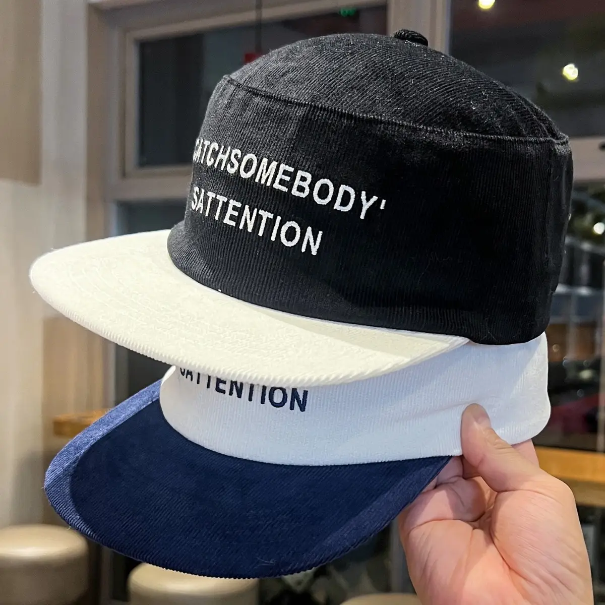 Korean Corduroy Letter Embroidery Cap Black White Blue - Image 3