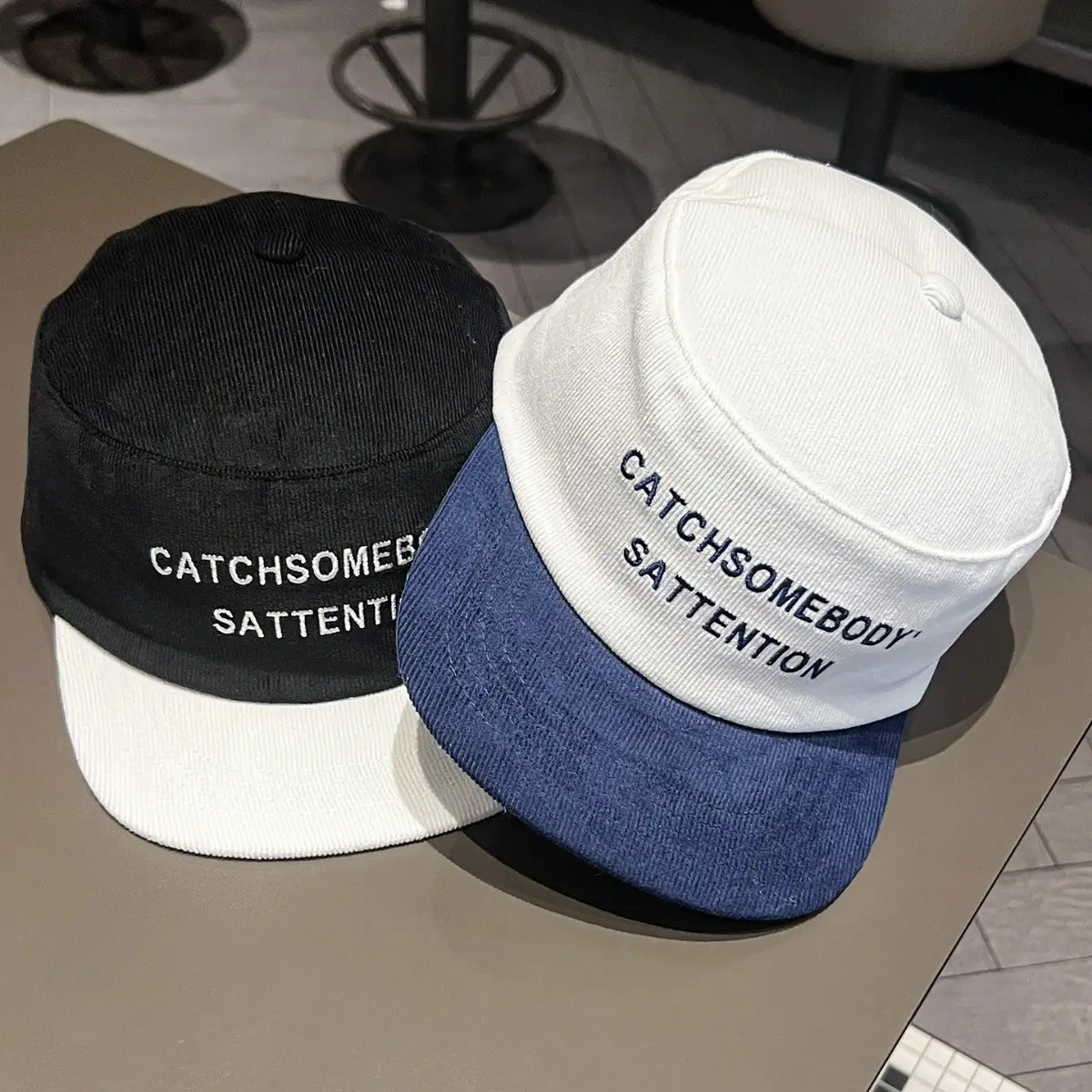 Korean Corduroy Letter Embroidery Cap Black White Blue - Image 4