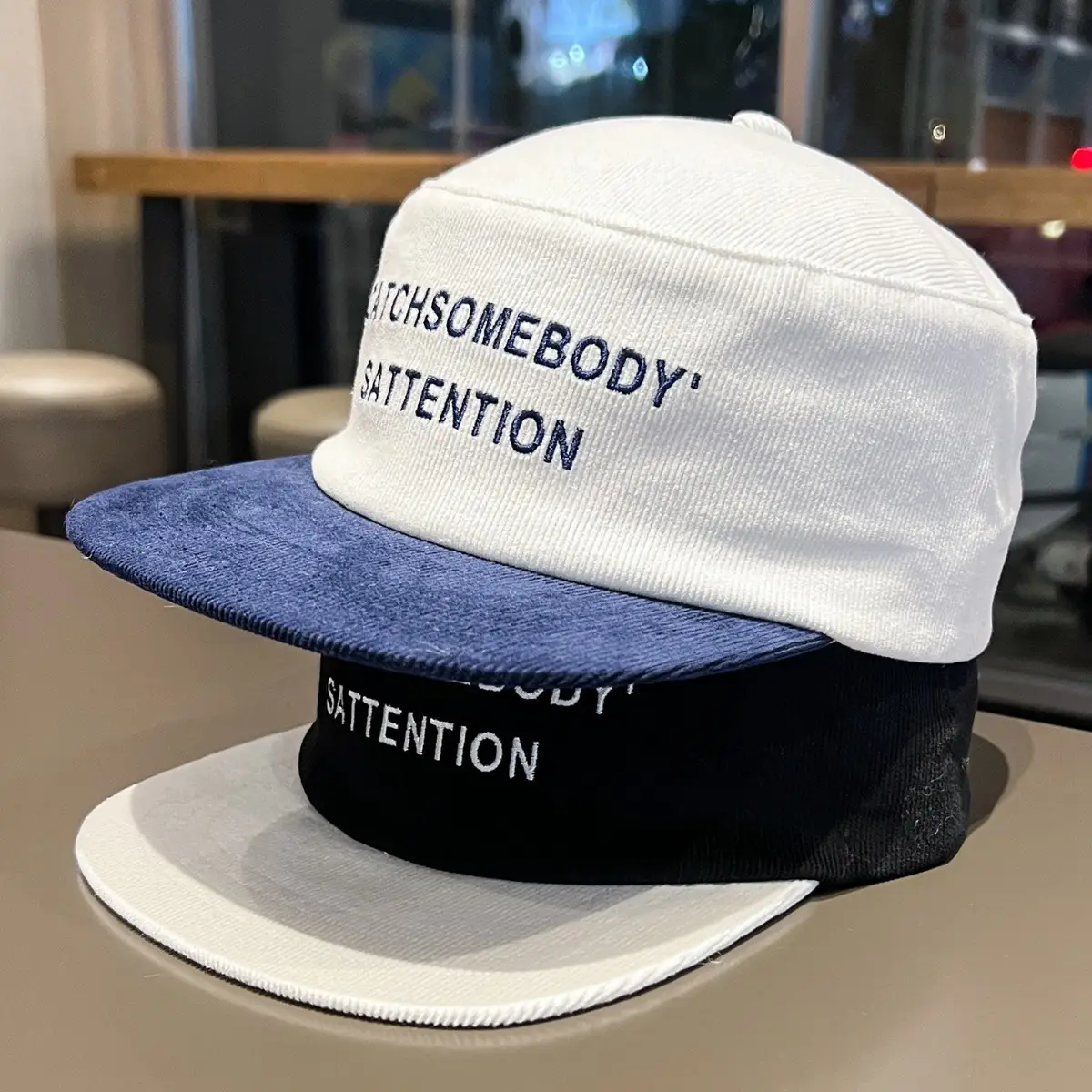 Korean Corduroy Letter Embroidery Cap Black White Blue - Image 5