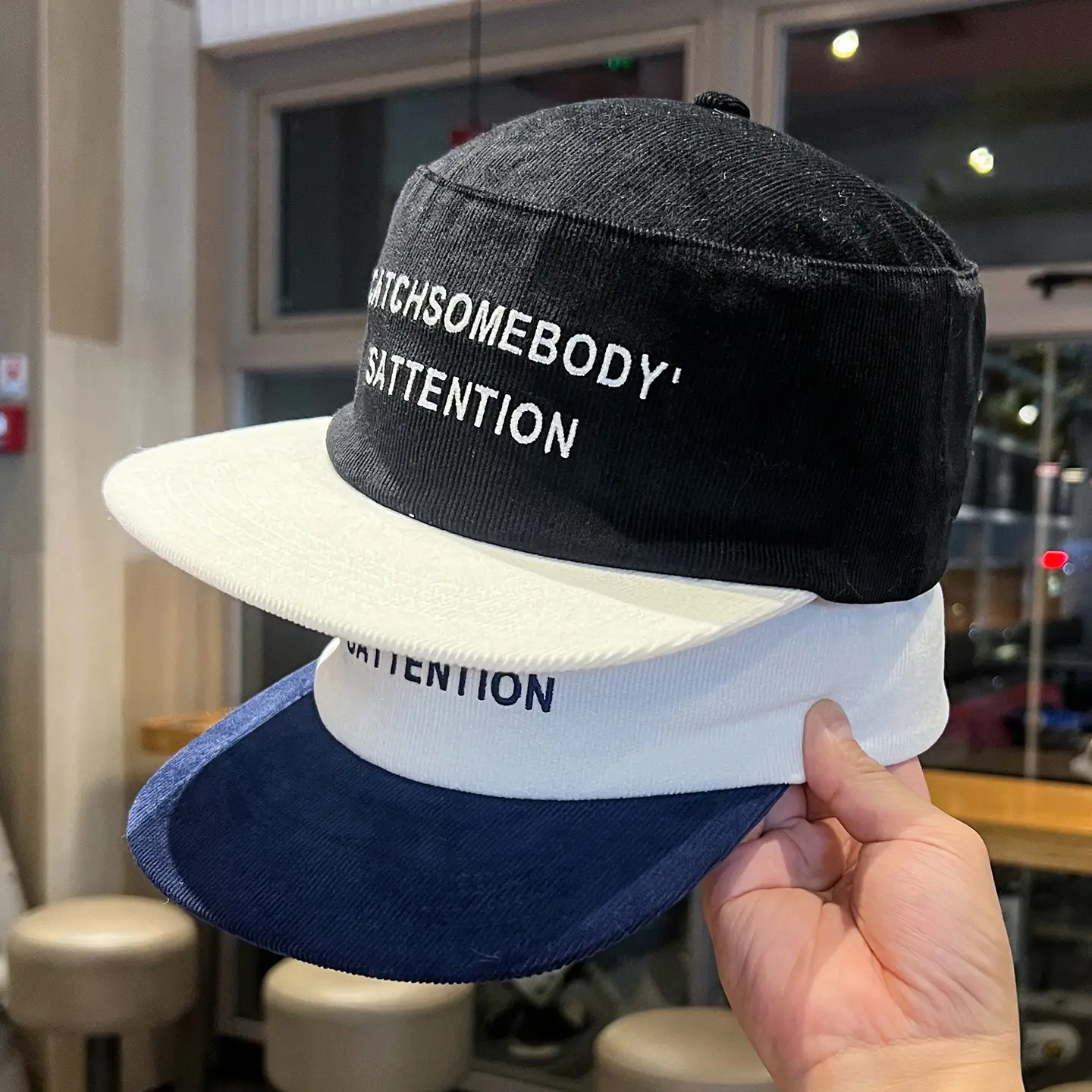 Korean Corduroy Letter Embroidery Cap Black White Blue — feature 1