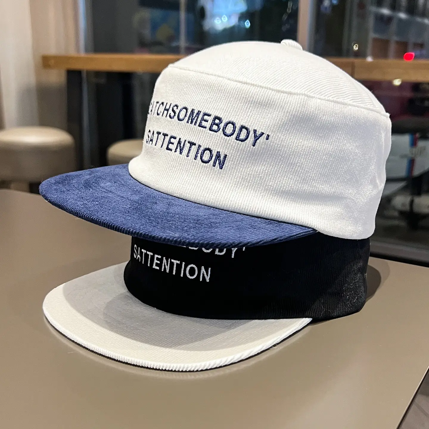 Korean Corduroy Letter Embroidery Cap Black White Blue — feature 3