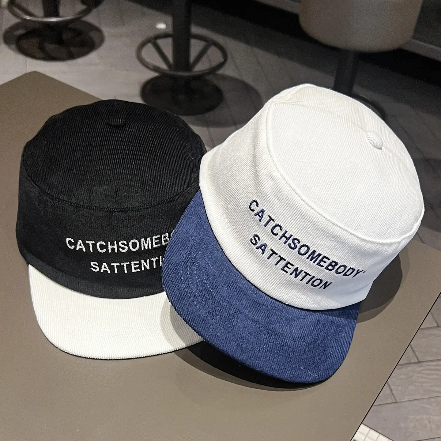 Korean Corduroy Letter Embroidery Cap Black White Blue — feature 5