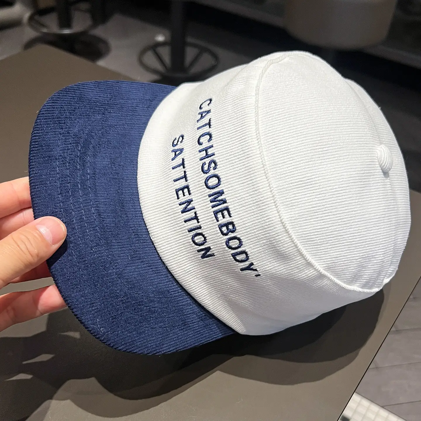 Korean Corduroy Letter Embroidery Cap Black White Blue — feature 7