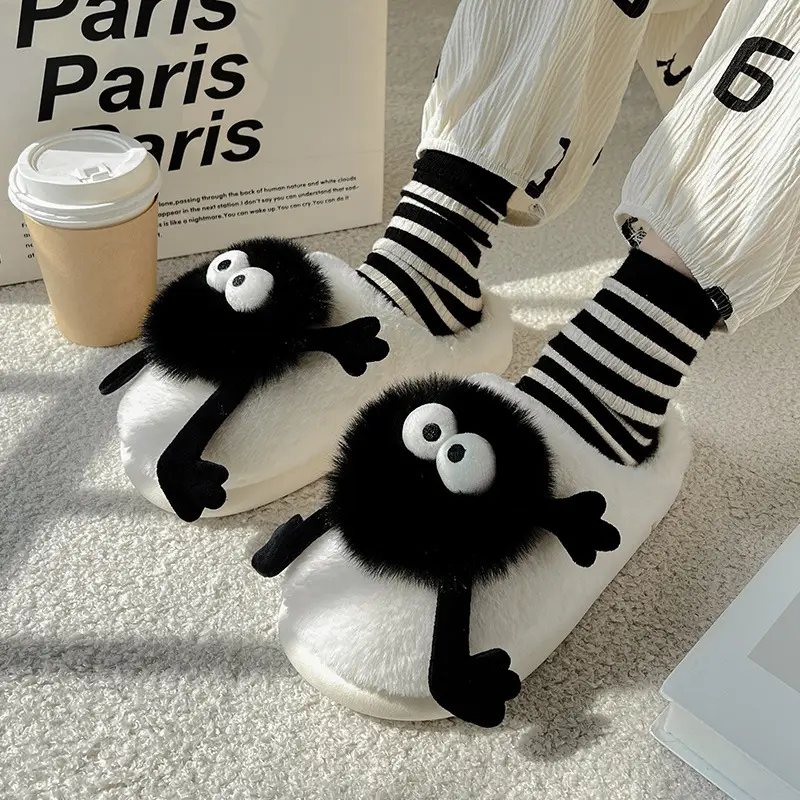 Coal Ball Cotton Slippers for Women Autumn and Winter Couples Home Indoor Plush Warm Soft Bottom Non-Slip Furry Slippers for Men Wholesale - Image 5