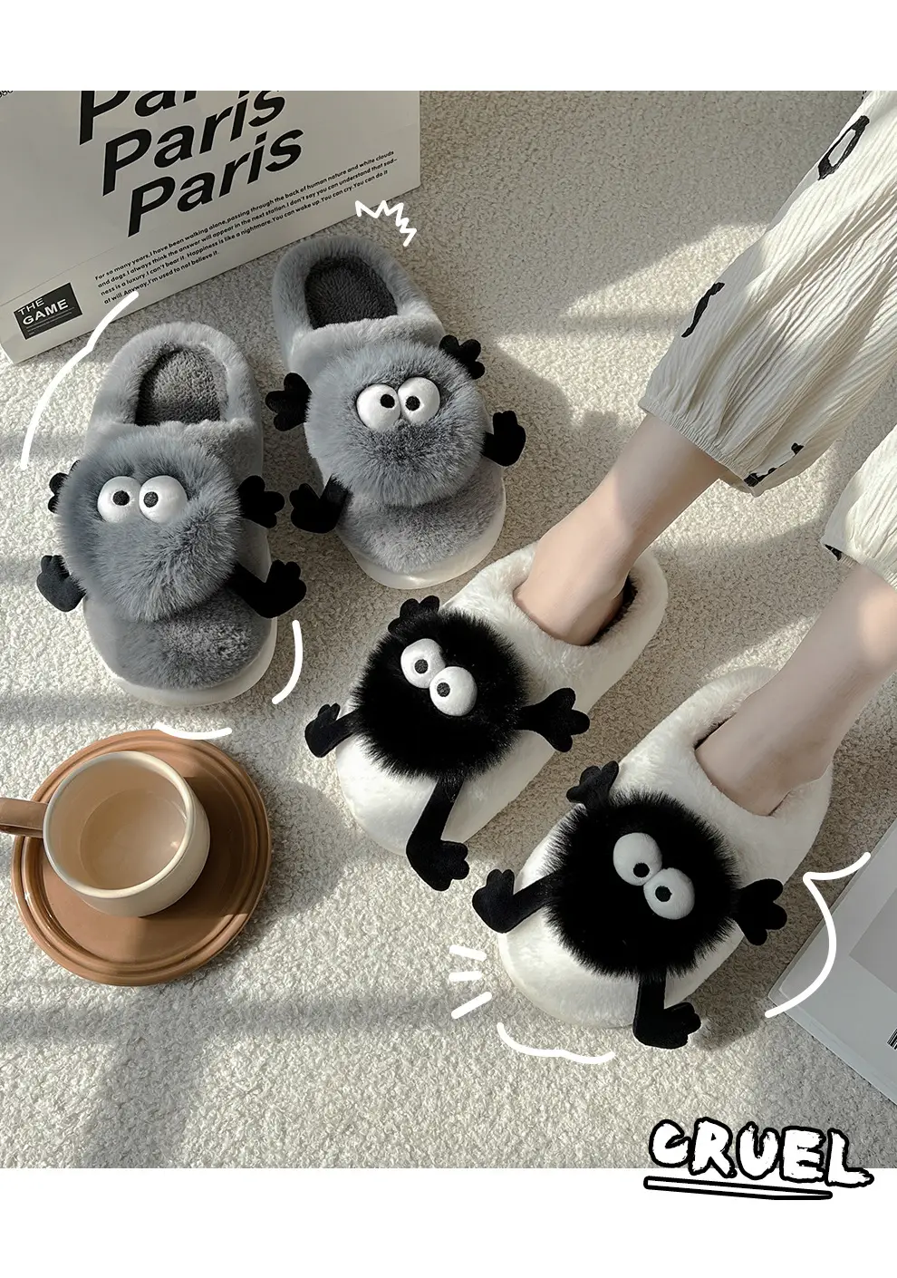 Coal Ball Cotton Slippers for Women Autumn and Winter Couples Home Indoor Plush Warm Soft Bottom Non-Slip Furry Slippers for Men Wholesale — feature 10