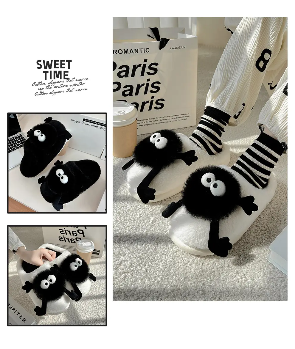 Coal Ball Cotton Slippers for Women Autumn and Winter Couples Home Indoor Plush Warm Soft Bottom Non-Slip Furry Slippers for Men Wholesale — feature 11