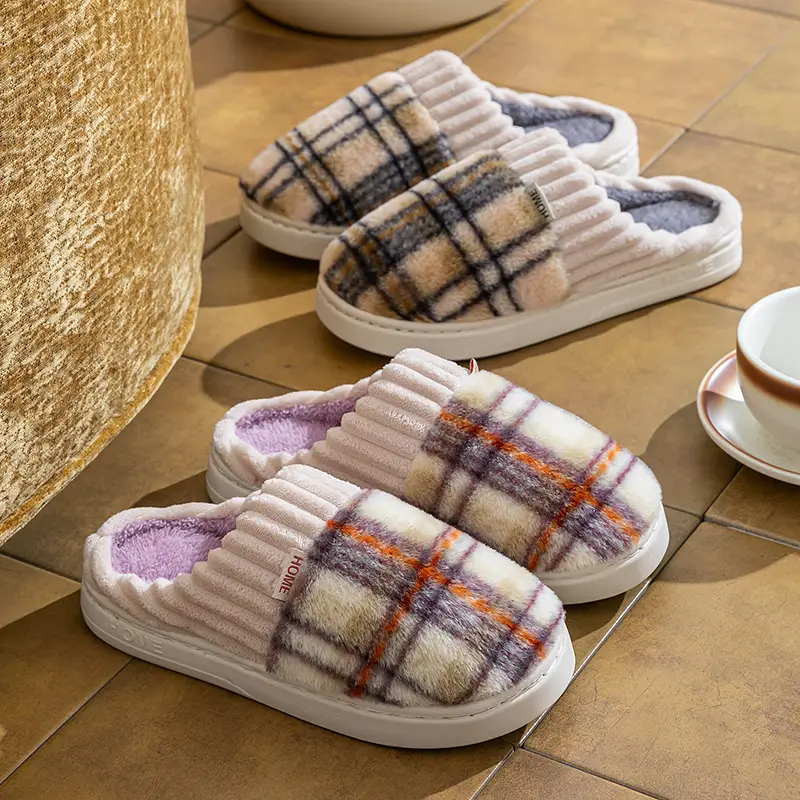 Retro Plaid Cotton Slippers Women Winter Warm - Image 6