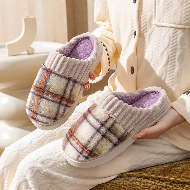 Retro Plaid Cotton Slippers Women Winter Warm - Image 7