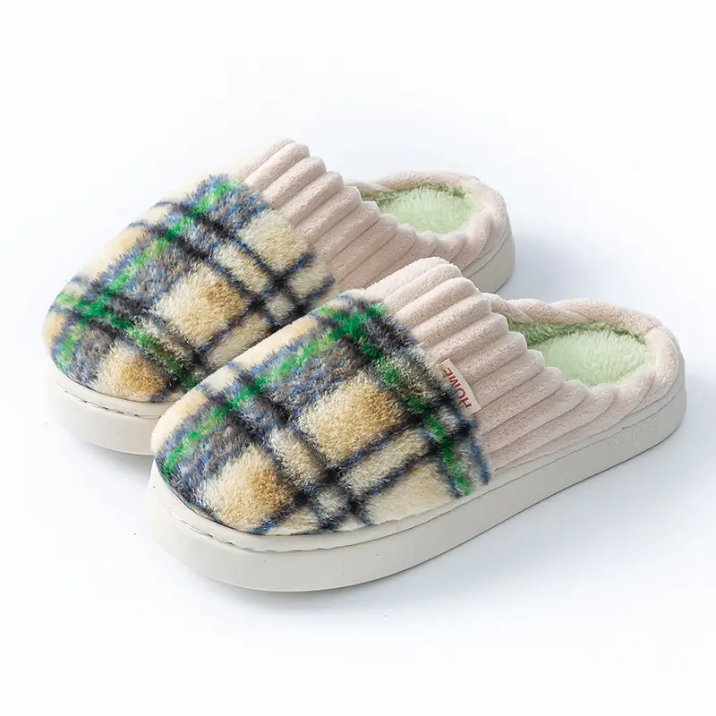 Retro Plaid Cotton Slippers Women Winter Warm - Image 2