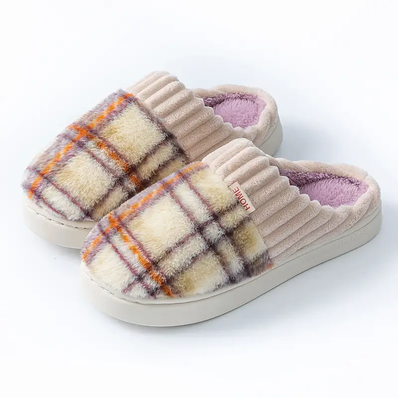 Retro Plaid Cotton Slippers Women Winter Warm - Image 3