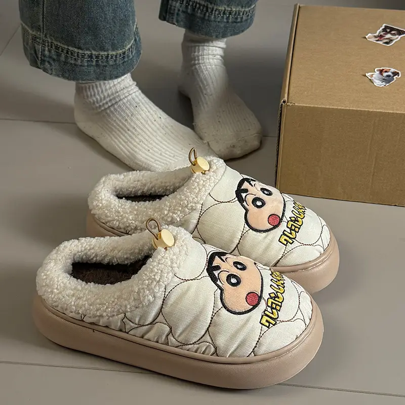 Couple Home Indoor Non-Slip Warm Bag and Outer Wear Plush Shoes Cute Crayon Shin-Chan Winter Cotton Slippers for Men and Women - Image 7