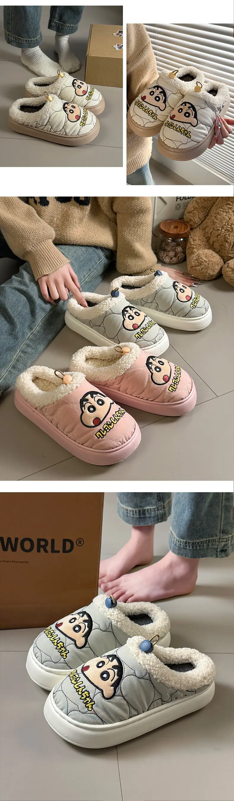 Couple Home Indoor Non-Slip Warm Bag and Outer Wear Plush Shoes Cute Crayon Shin-Chan Winter Cotton Slippers for Men and Women — feature 7