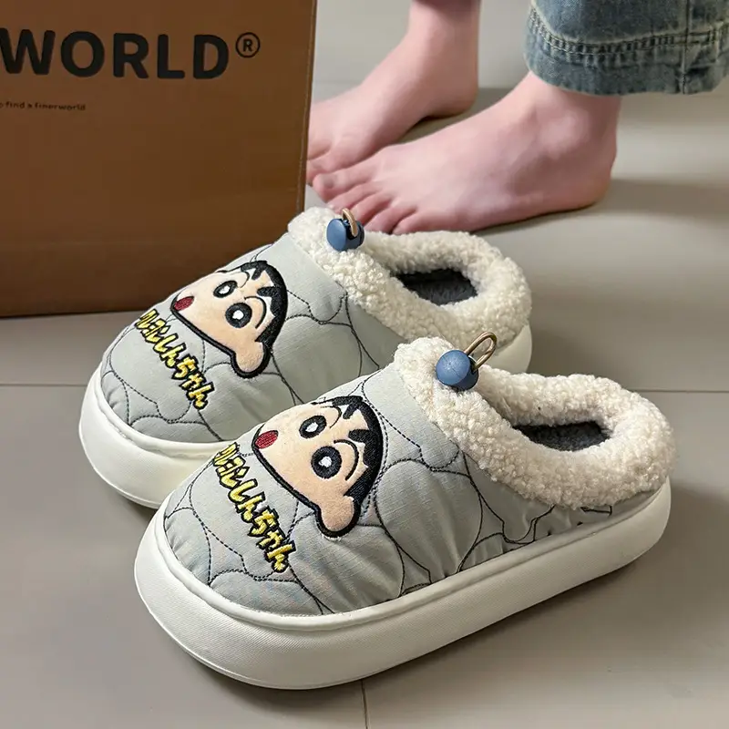 Couple Home Indoor Non-Slip Warm Bag and Outer Wear Plush Shoes Cute Crayon Shin-Chan Winter Cotton Slippers for Men and Women - Image 2