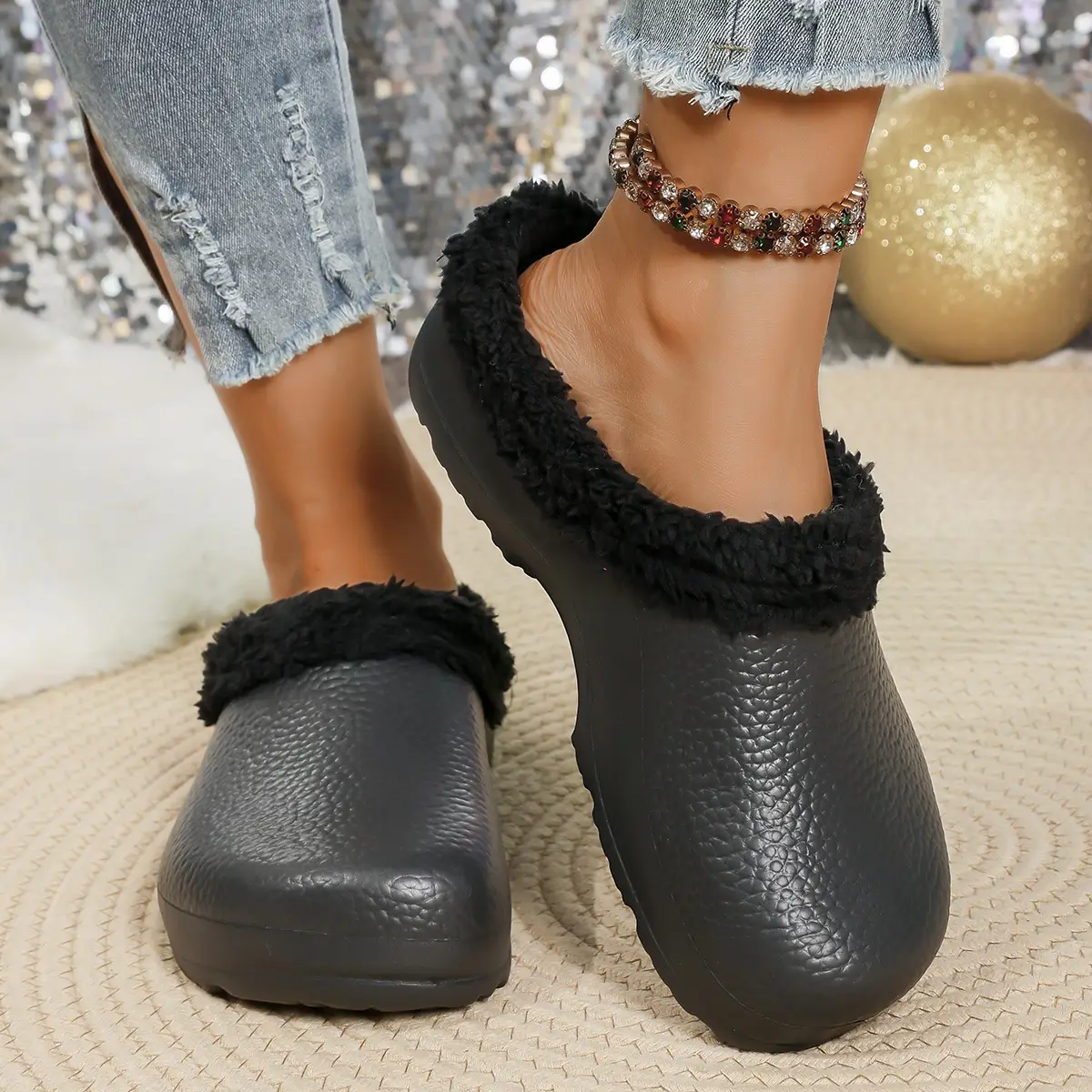 2025 Winter Women's Fleece Lined Wool Slippers Black - Image 5