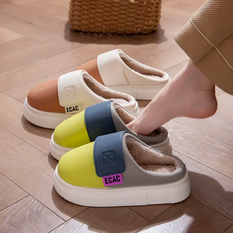 Cotton Slippers for Women Eva Waterproof Velcro Outer Wear Cotton Shoes Non-Slip Indoor and Outdoor Warm Thick-Soled Couple Slippers for Men Winter