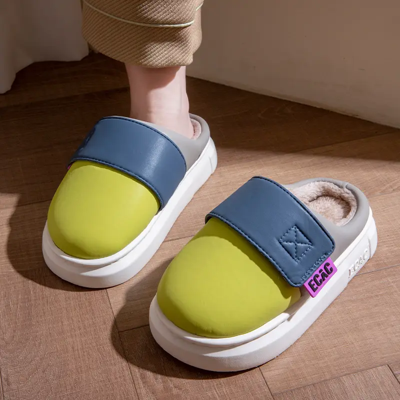 Cotton Slippers for Women Eva Waterproof Velcro Outer Wear Cotton Shoes Non-Slip Indoor and Outdoor Warm Thick-Soled Couple Slippers for Men Winter