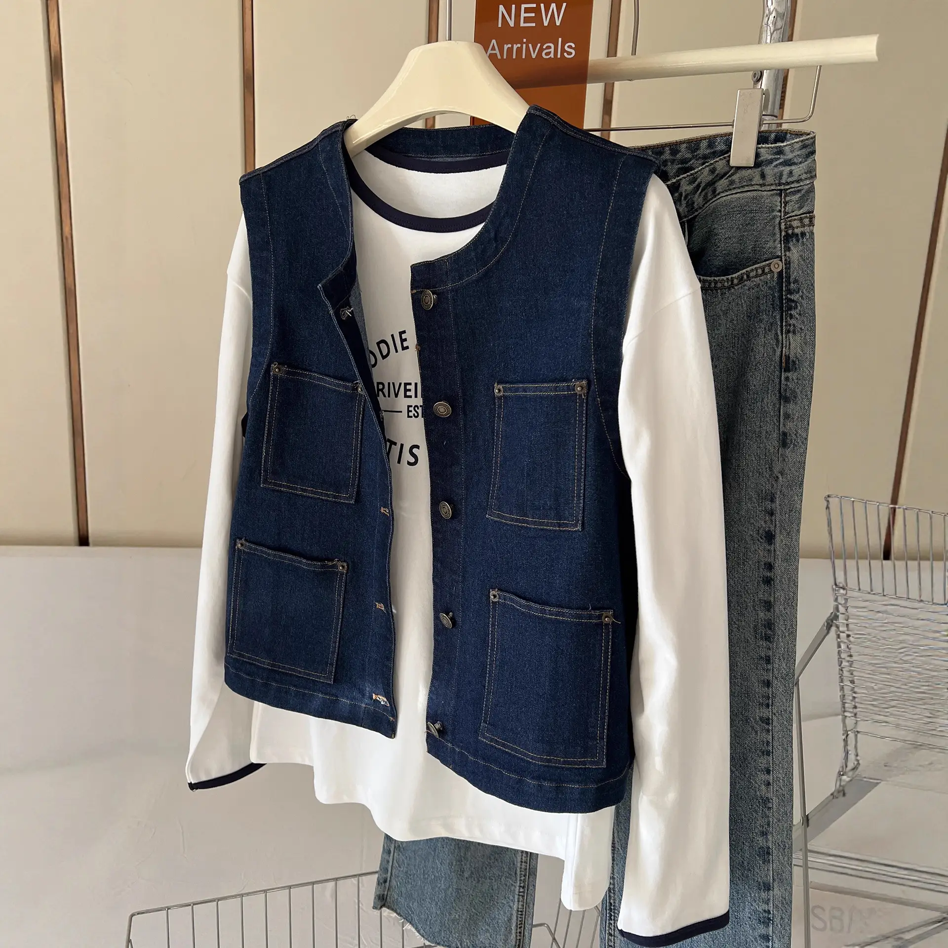 Vintage Denim Vest Jacket with Sunglasses & Sleeveless Layered Vest