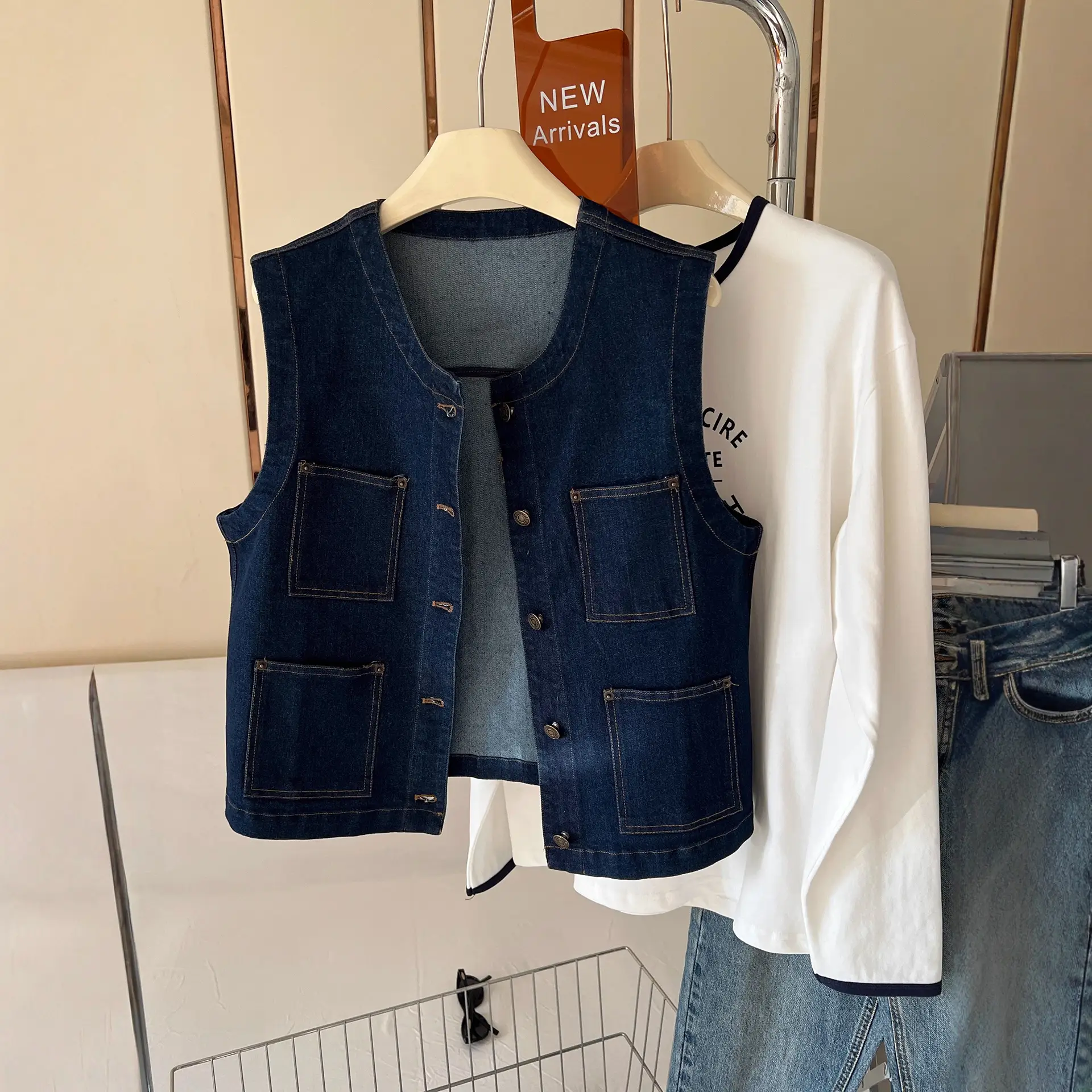 Vintage Denim Vest Jacket with Sunglasses & Sleeveless Layered Vest