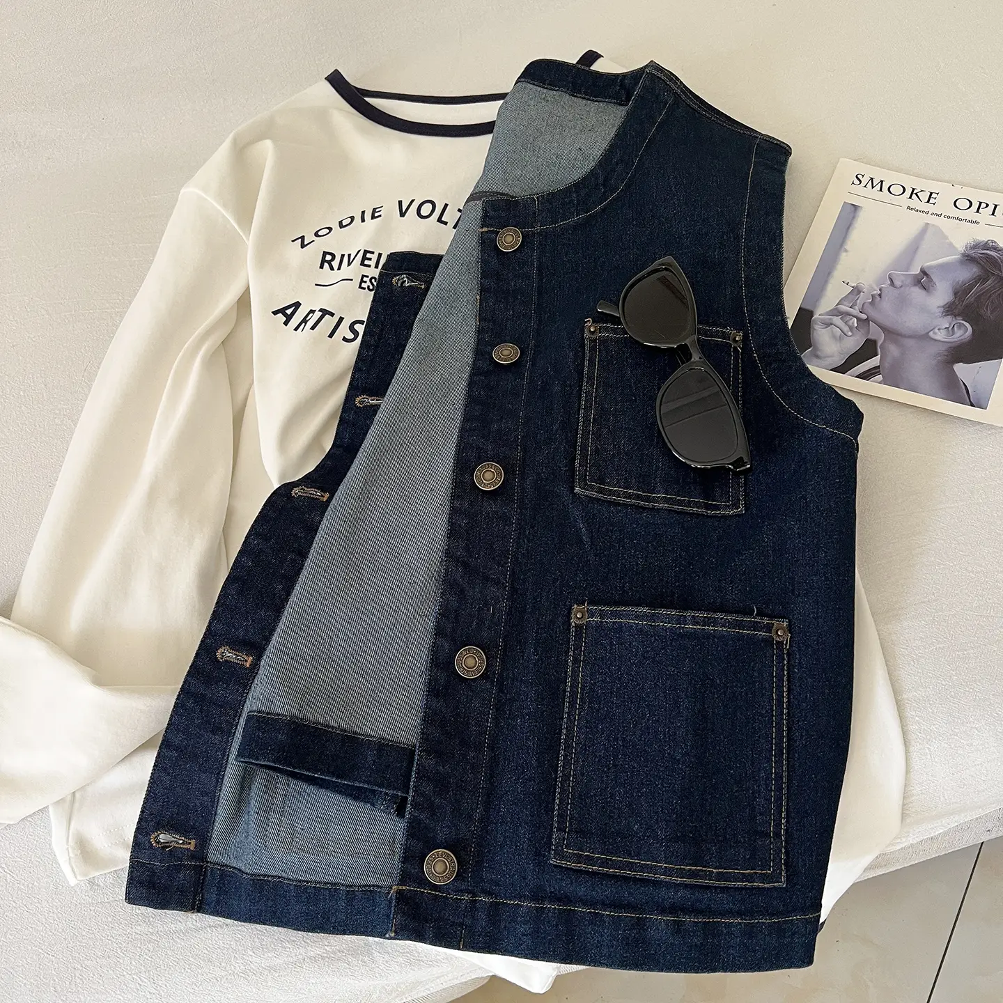 Vintage Denim Vest Jacket with Sunglasses & Sleeveless Layered Vest — feature 1
