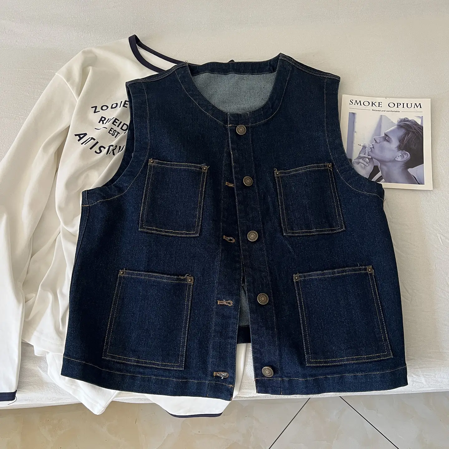 Vintage Denim Vest Jacket with Sunglasses & Sleeveless Layered Vest — feature 2