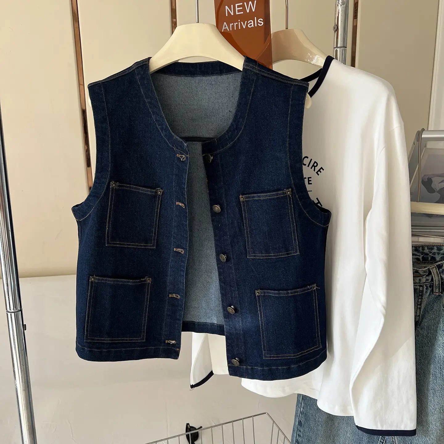 Vintage Denim Vest Jacket with Sunglasses & Sleeveless Layered Vest — feature 3
