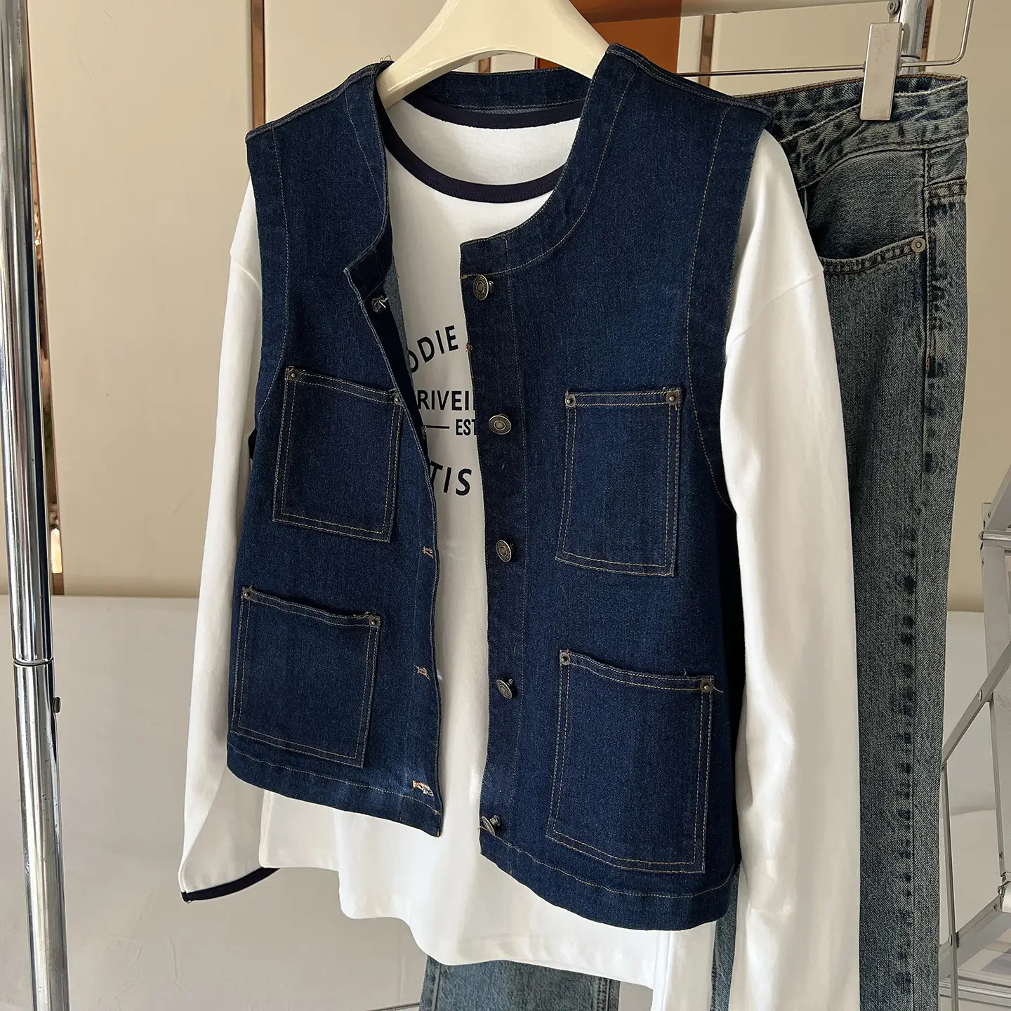 Vintage Denim Vest Jacket with Sunglasses & Sleeveless Layered Vest — feature 4